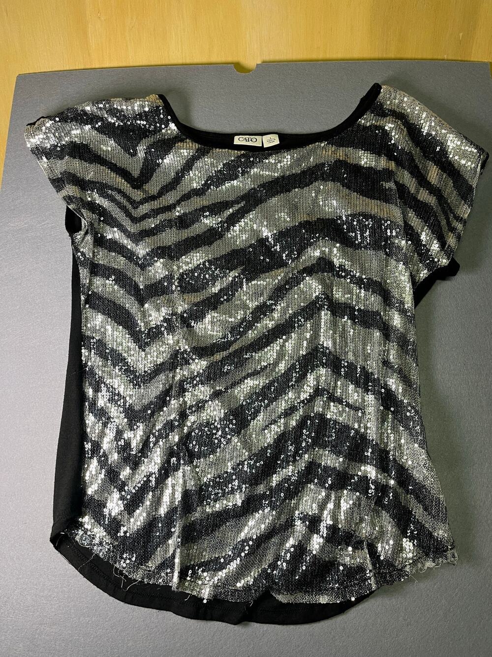Cato Black & Silver Sequin Animal Print Top – Size Large